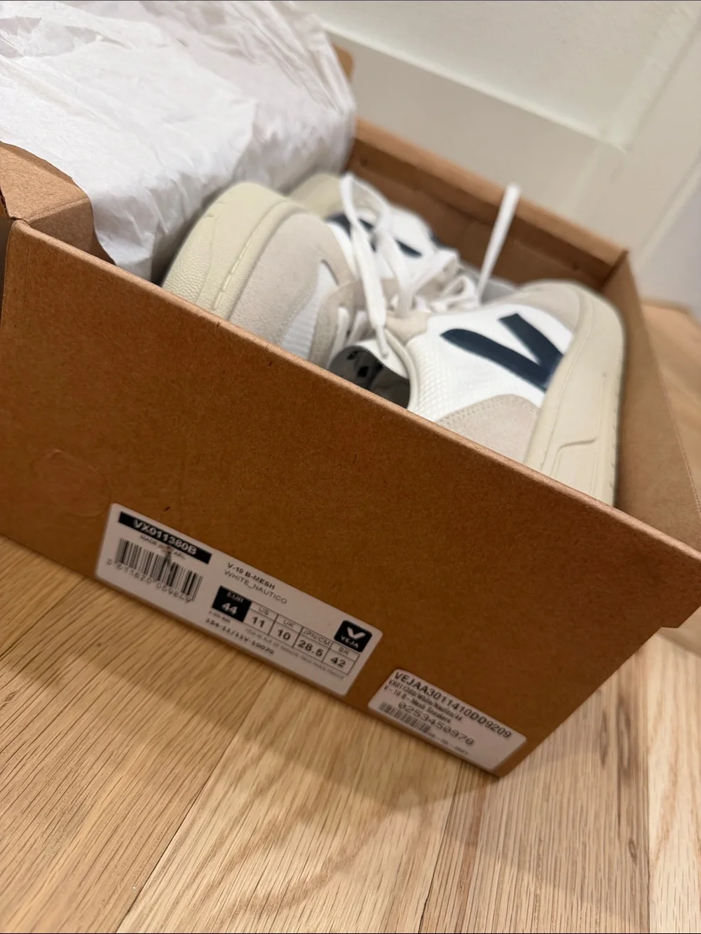 Veja Men's White and Beige Sneakers with Navy V Logo